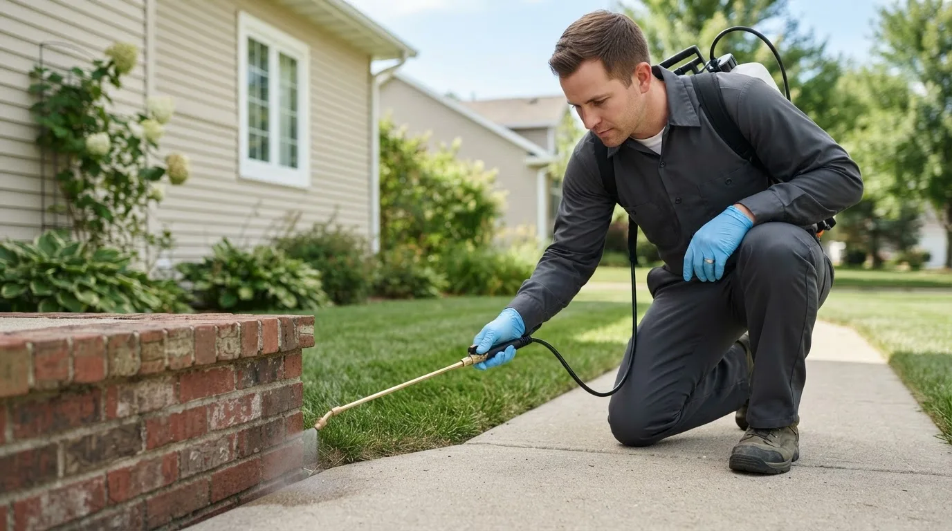 Pest control technician treating a home near Kings Park, NY